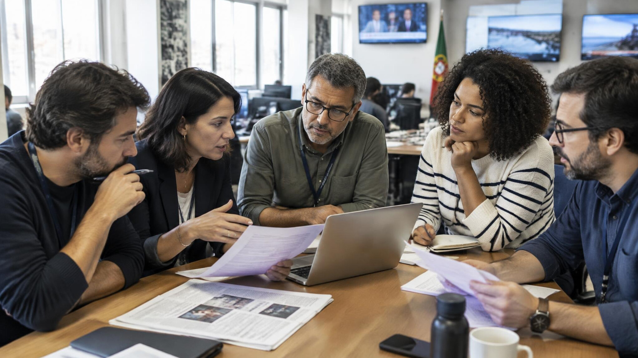 Small team of journalists discussing documents around a table