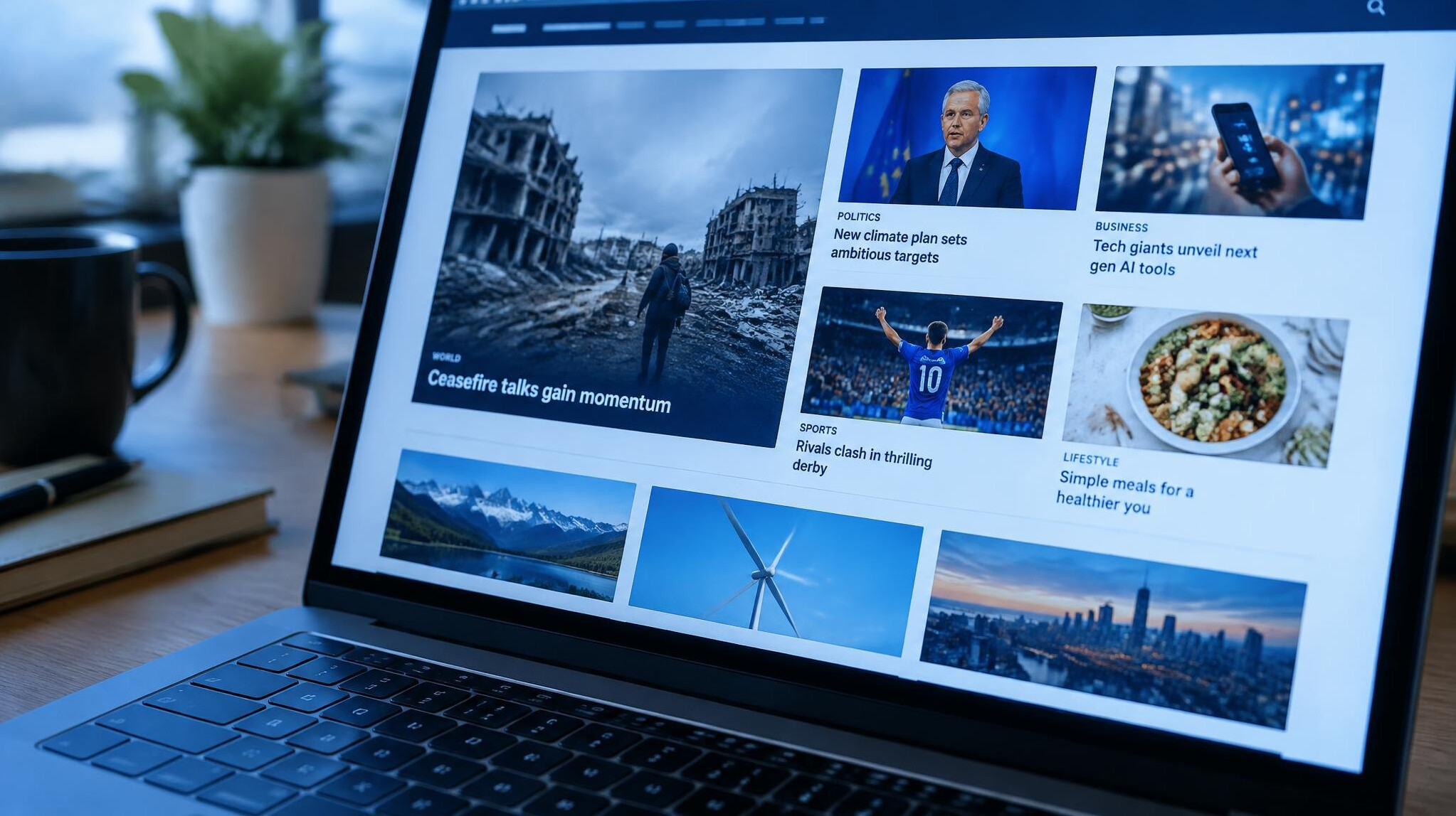 Laptop screen displaying a news feed with multiple headlines