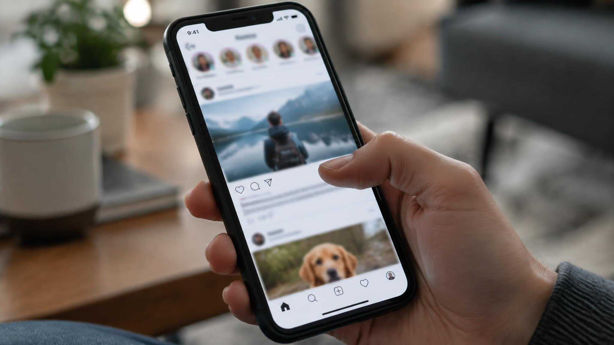 Hand holding a smartphone scrolling through a social media feed