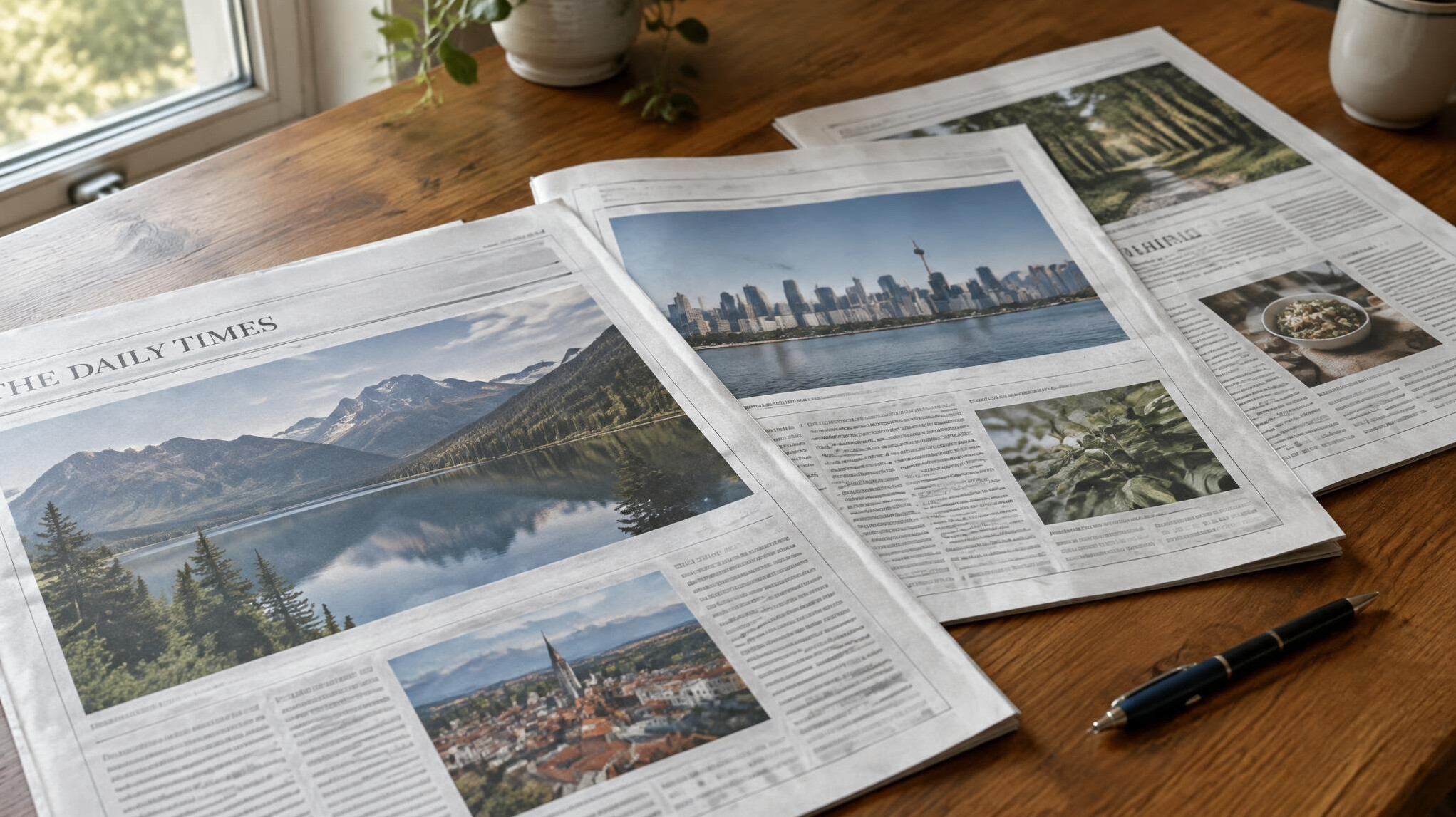 Printed newspaper pages spread out on a table being examined